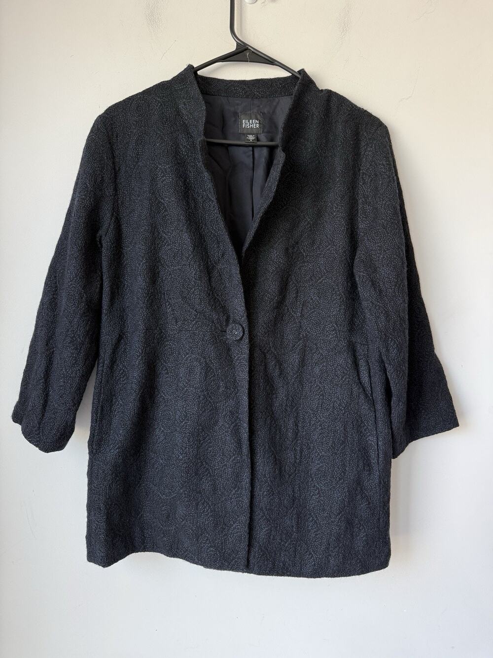 Eileen Fisher Size Small 98% Virgin Wool Blazer Jacket Navy One Button Pockets